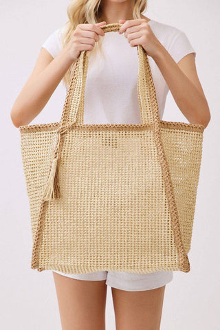 Two Tone Woven Straw Beach Tote Bag