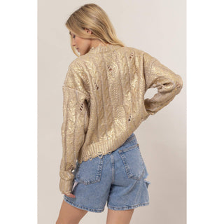 Metallic Foil Cable Knit Sweater