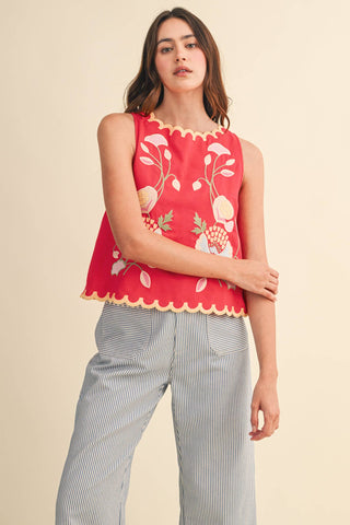 FLORAL EMBROIDERY SCALLOPED TANK