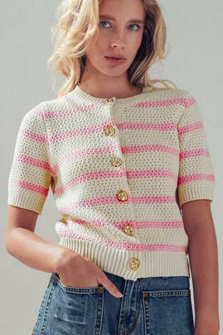 Retro  Striped Textured Knit Button-Up Top