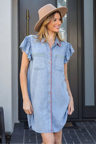 Whipstitch Trim Flutter Sleeve Mini Dress