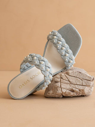 The Parisa | Denim Braided Pearl Heeled Sandals