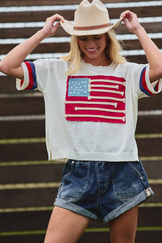 Flag Applique Knit Sweater with Stripe Cuffs