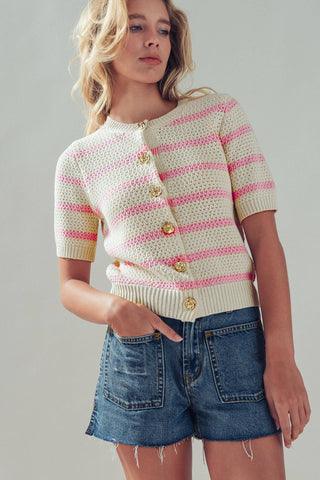 Retro  Striped Textured Knit Button-Up Top