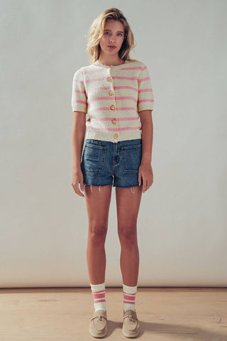 Retro  Striped Textured Knit Button-Up Top