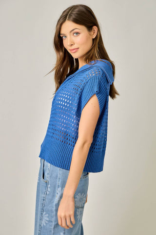 Fishnet Zip-Up Short Sleeve Sweater