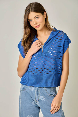 Fishnet Zip-Up Short Sleeve Sweater