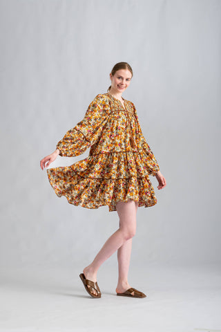 Callie V Cut Neck Mini Tiered Floral Balloon Sleeve Dress