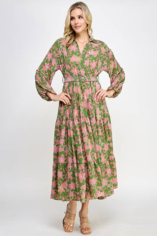 Patrick Pink Floral Long Sleeve Collar Belted Midi Dress