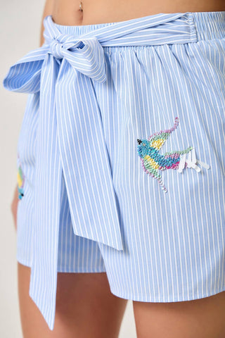 Poplin Pinstripe Hummingbird Sequin Shorts