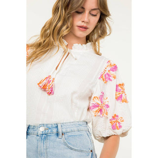 Hand Embroidered Puff Sleeve Top