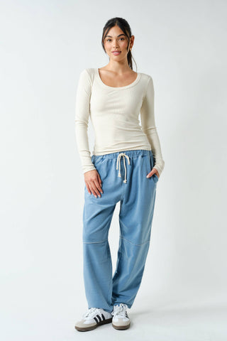 Slim Fit Scoop Neck Micro-Ribbed Long Sleeve Top
