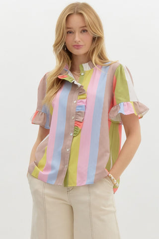 Carly Stripe Ruffle Button Down