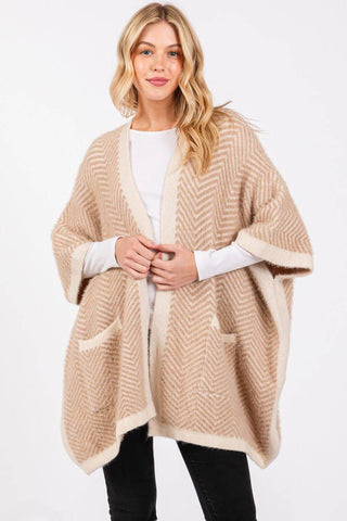 Fuzzy Herringbone Knit Kimono With Pockets