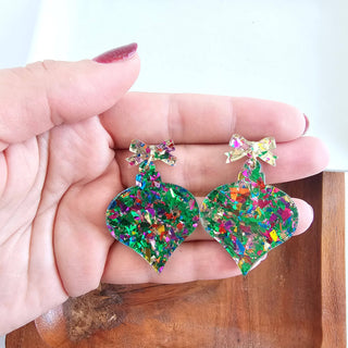 Christmas Ornament Earrings - Green Sparkle // Holiday