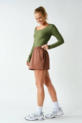 Slim Fit Scoop Neck Micro-Ribbed Long Sleeve Top