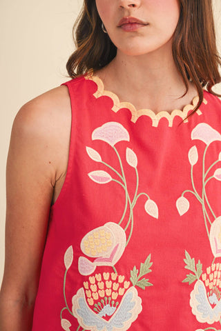 FLORAL EMBROIDERY SCALLOPED TANK