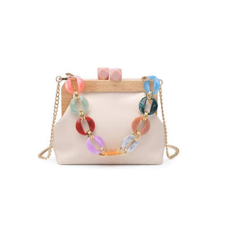 Beige handbag with colorful bead chain and wooden accents on a white background