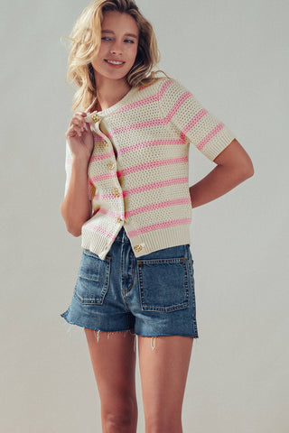 Retro  Striped Textured Knit Button-Up Top