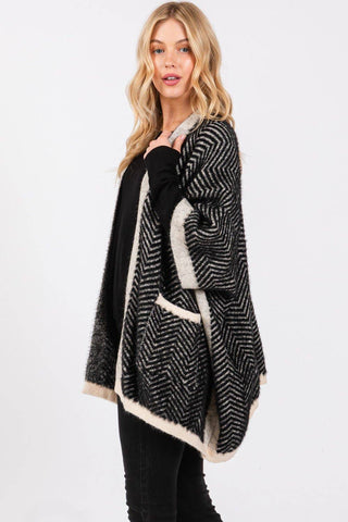 Fuzzy Herringbone Knit Kimono With Pockets