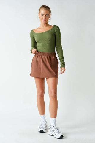 Slim Fit Scoop Neck Micro-Ribbed Long Sleeve Top