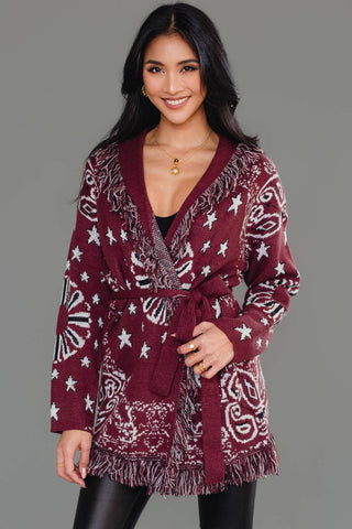 Burgundy Bandana Fringe Cardigan