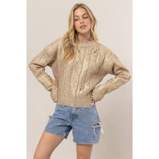 Metallic Foil Cable Knit Sweater