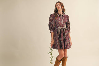 BLANKET STITCH PUFF SLEEVE FLORAL MINI DRESS