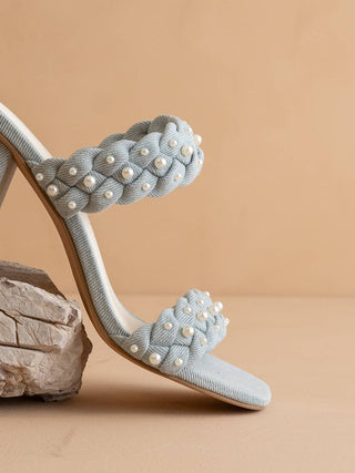 The Parisa | Denim Braided Pearl Heeled Sandals