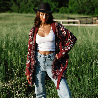 Burgundy Bandana Fringe Cardigan
