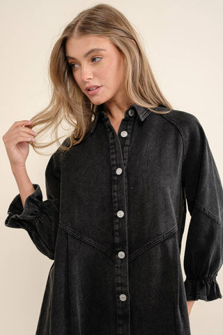 Washed Denim Puff 3/4 SLV Button Up Shirt Dress