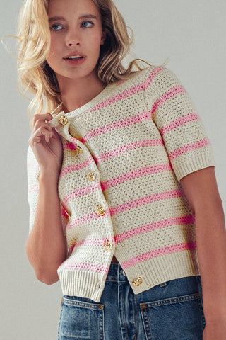 Retro  Striped Textured Knit Button-Up Top