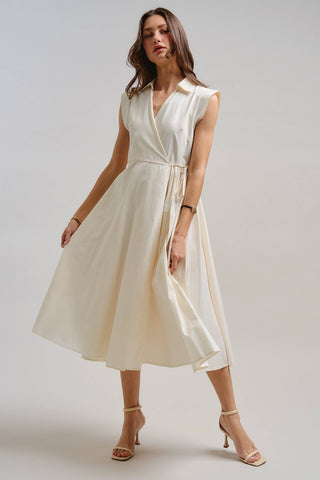 Collared Cap Sleeve Wrap Midi Dress