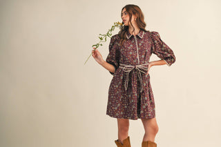 BLANKET STITCH PUFF SLEEVE FLORAL MINI DRESS