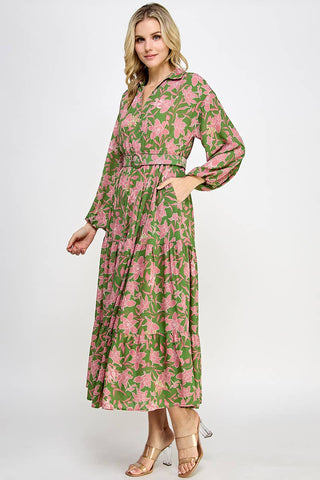 Patrick Pink Floral Long Sleeve Collar Belted Midi Dress