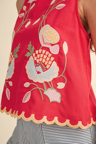 FLORAL EMBROIDERY SCALLOPED TANK