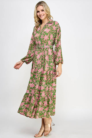 Patrick Pink Floral Long Sleeve Collar Belted Midi Dress