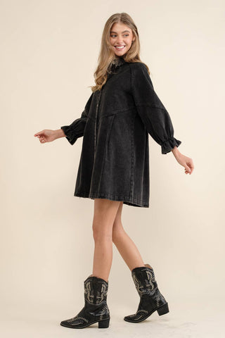 Washed Denim Puff 3/4 SLV Button Up Shirt Dress