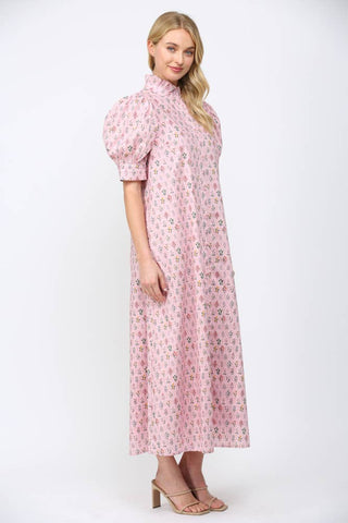 Ruffled Mock Neck Button Down Maxi Dress