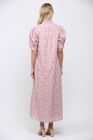 Ruffled Mock Neck Button Down Maxi Dress