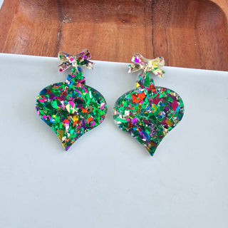 Christmas Ornament Earrings - Green Sparkle // Holiday