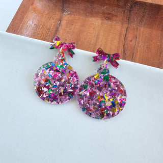 Christmas Ornament Earrings - Light Pink Sparkle // Holiday