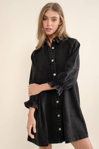 Washed Denim Puff 3/4 SLV Button Up Shirt Dress