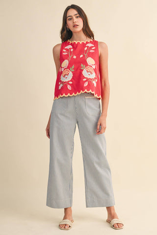 FLORAL EMBROIDERY SCALLOPED TANK