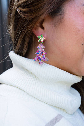 Christmas Tree Earrings - Light Pink Sparkle // Holiday