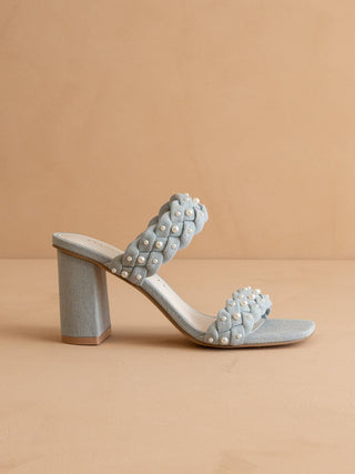 The Parisa | Denim Braided Pearl Heeled Sandals