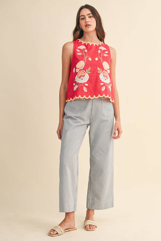 FLORAL EMBROIDERY SCALLOPED TANK