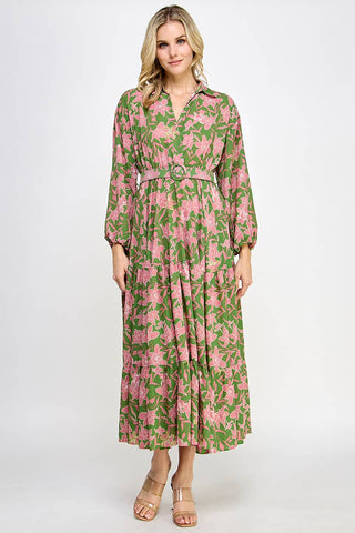 Patrick Pink Floral Long Sleeve Collar Belted Midi Dress