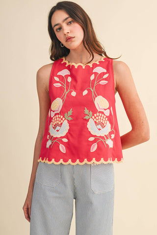 FLORAL EMBROIDERY SCALLOPED TANK