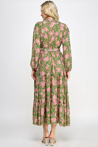 Patrick Pink Floral Long Sleeve Collar Belted Midi Dress